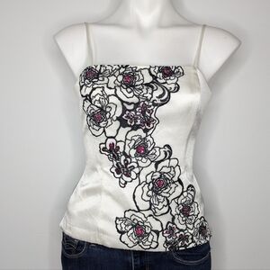WHBM white satin black embroidered floral pink rhinestone corset top 2